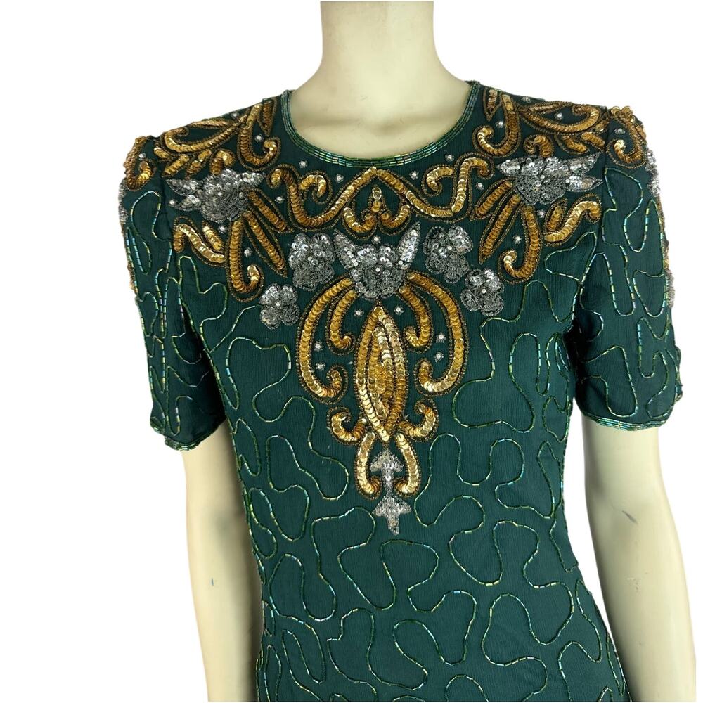 1990s Emerald Green Beaded Sequin Silk Dress Petite S